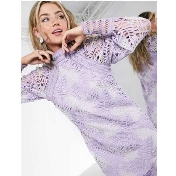 ASOS Edition cutwork embroidered palm mini dress US 10 with puff sleeve-Purple - Picture 1 of 13